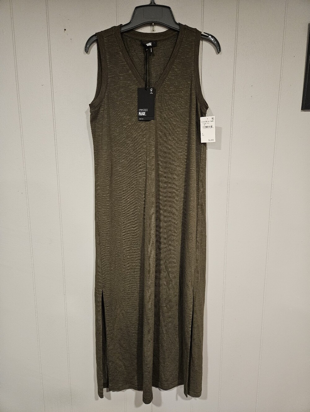Paige Women's Small Olive Green Sleeveless Knit Tank Dress VNeck Side Slit NWT